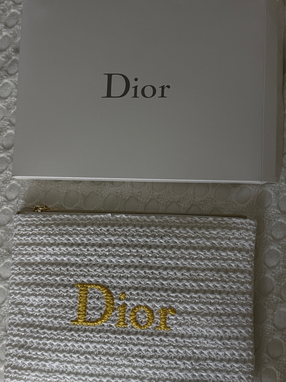 New Dior White Woven Pouch with Gold Logo